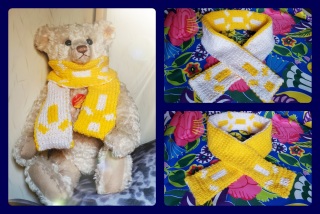 Off-white teddy bear wearing a yellow and white knit scarf with two separate photos of the scarf